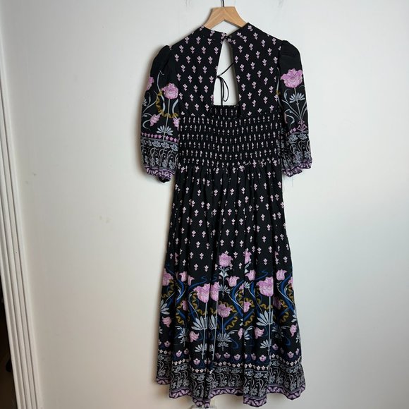 Anthropologie Dasha Black Floral Smocked Midi Dress Sz S - Picture 4 of 6